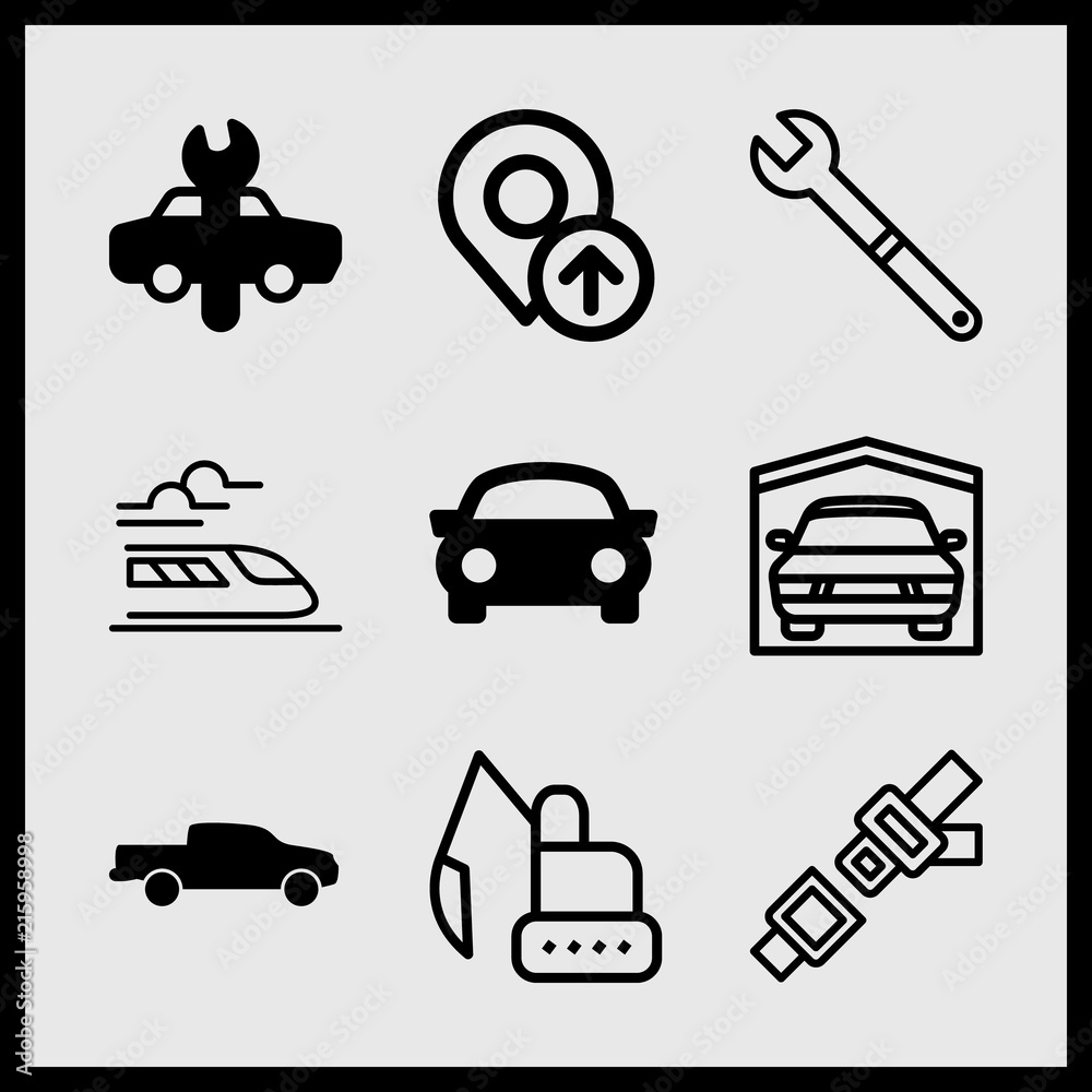 Simple 9 icon set of car related train, car, wrench and pick up truck side view silhouette vector icons. Collection Illustration Simple 9 icon set of car related train, car, wrench and pick up truck side view silhouette vector icons. Collection Illustration