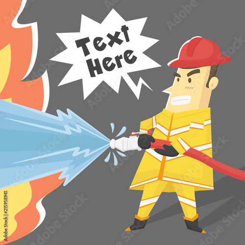 Firefighter cartoon character design trying to stop fire with heavy water jet stream - Vector illustration.
