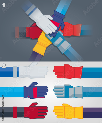 Mains avec des gants industriels évoquant la solidarité dans le travail, la coopération du groupe, illustration avec les couleurs modifiables