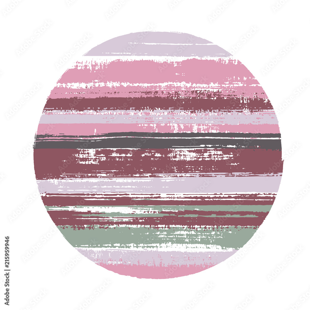 Ragged circle vector geometric shape with stripes texture of paint horizontal lines. Disk banner with old paint texture. Label round shape circle logo element with grunge stripes background.