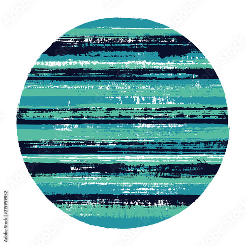 Abrupt circle vector geometric shape with striped texture of ink horizontal lines. Old paint texture disk. Emblem round shape logotype circle with grunge background of stripes.