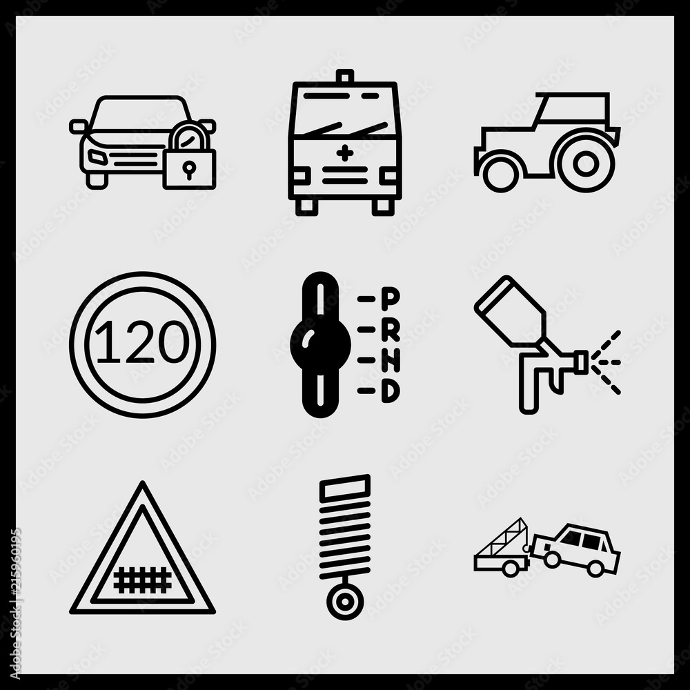 Simple 9 icon set of car related speed limit, ambulance, railroad and car crane vector icons. Collection Illustration Simple 9 icon set of car related speed limit, ambulance, railroad and car crane vector icons. Collection Illustration