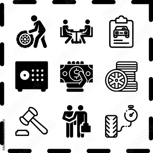 Simple 9 icon set of finance related wheel, security box, auction and insurance vector icons. Collection Illustration