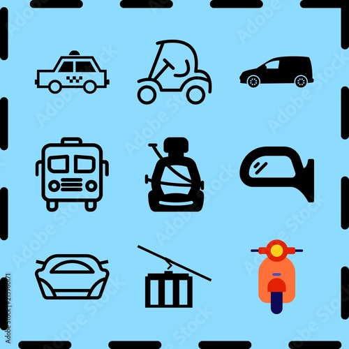 Simple 9 icon set of travel related safety seat, golf cart, mini van and motorbike vector icons. Collection Illustration