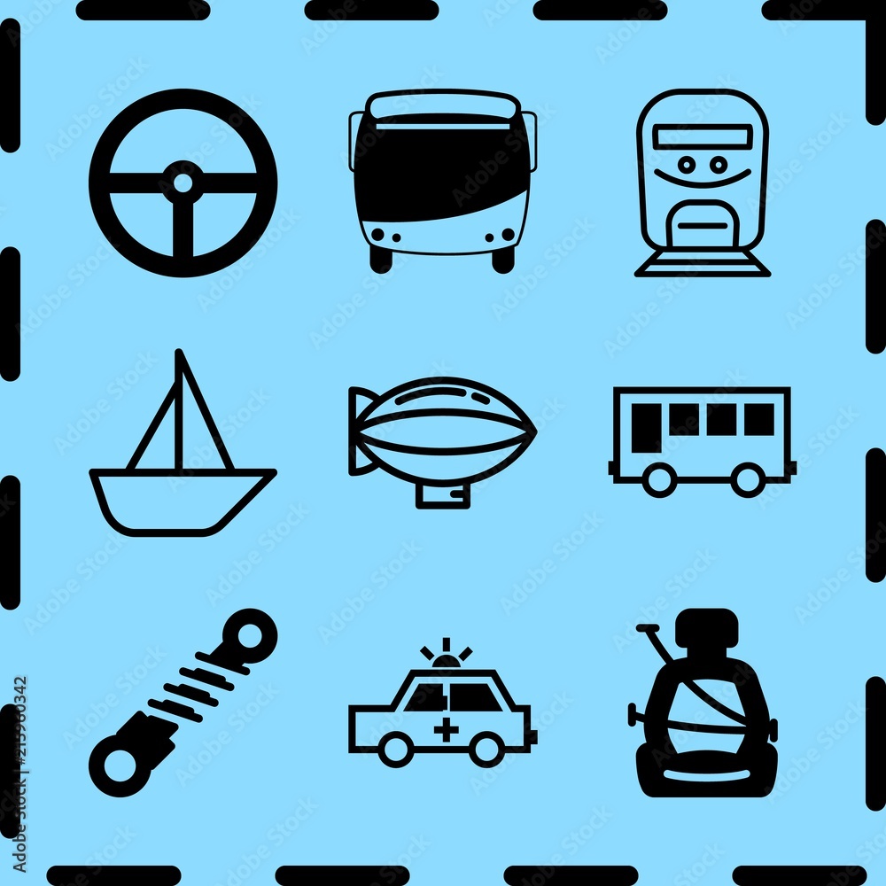 Simple 9 icon set of travel related train, suspension, safety seat and ...