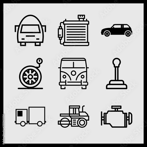 Simple 9 icon set of car related volskwagen van, radiator, bus and motor vector icons. Collection Illustration