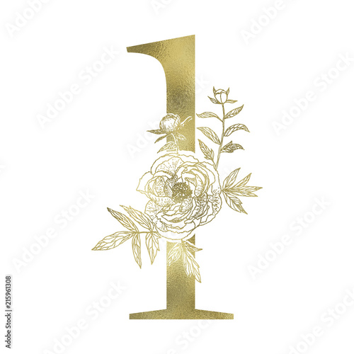 Floral figure. Vintage decorative gold numeral