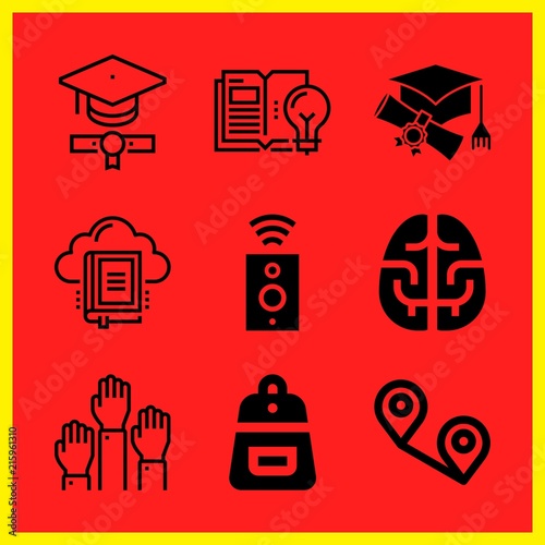 Simple 9 icon set of edication related graduation, brain, raise hand and speaker vector icons. Collection Illustration