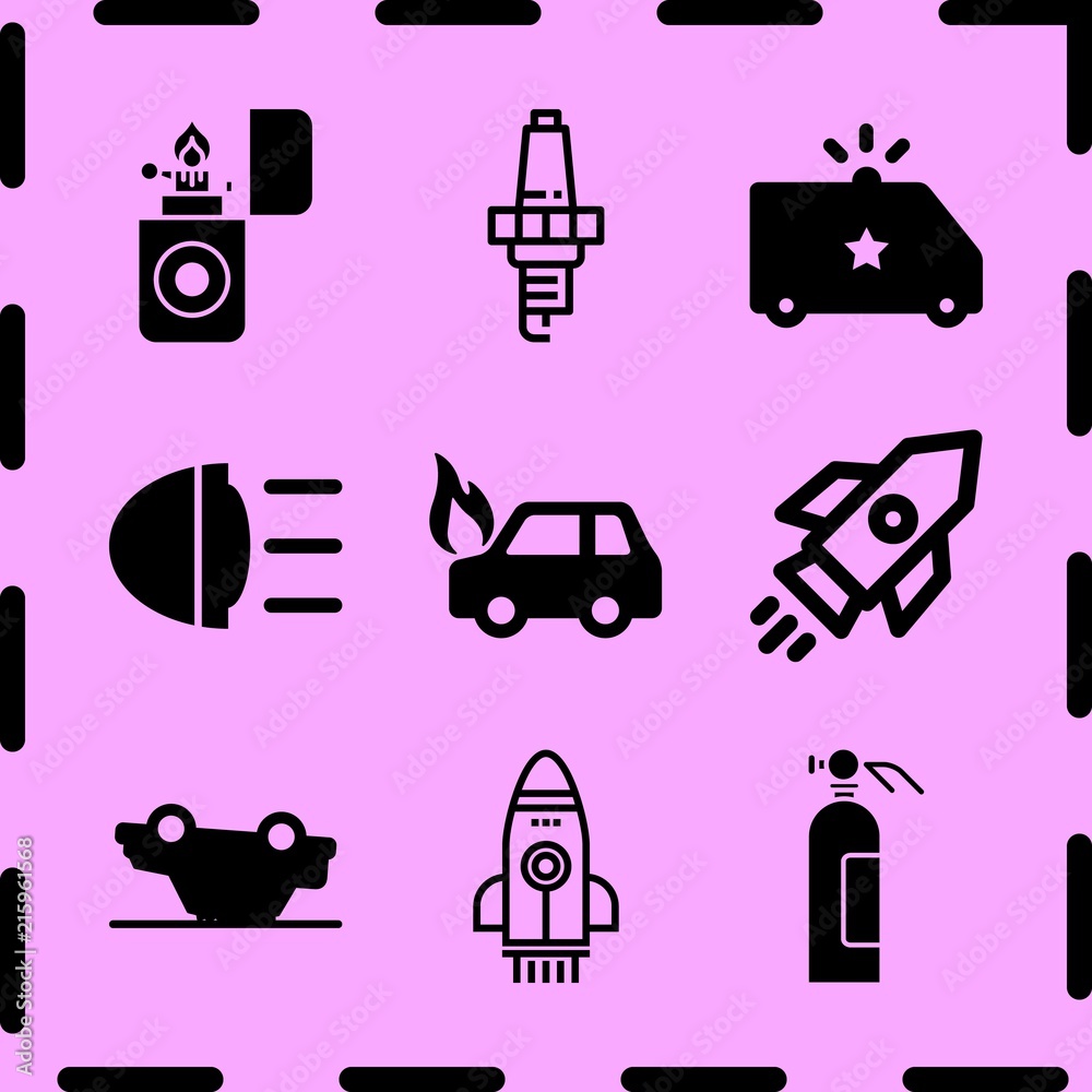 Φωτογραφία Simple 9 icon set of fire related car beacon on, rocket ship, car on fire and police van vector icons