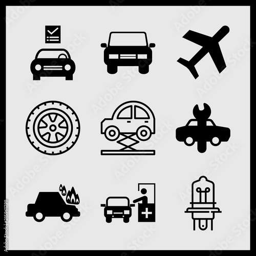 Simple 9 icon set of car related car on fire, car repair, ticket booth with cross sign and car vector icons. Collection Illustration