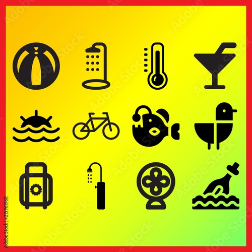 Beach ball, cocktail with straw and shower with water related icons set