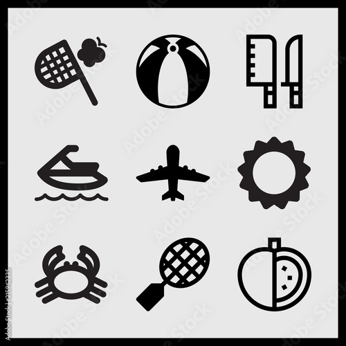 Simple 9 set of Summer related big beach ball, butterfly hunter, airplane upward and knives vector icons