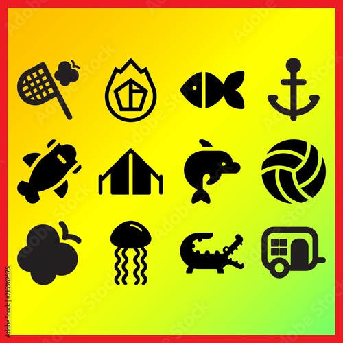 Car wagon, sea jellyfish and butterfly hunter related icons set