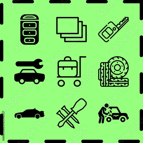 Simple 9 icon set of service related tire, car repair, trolley and settings vector icons. Collection Illustration