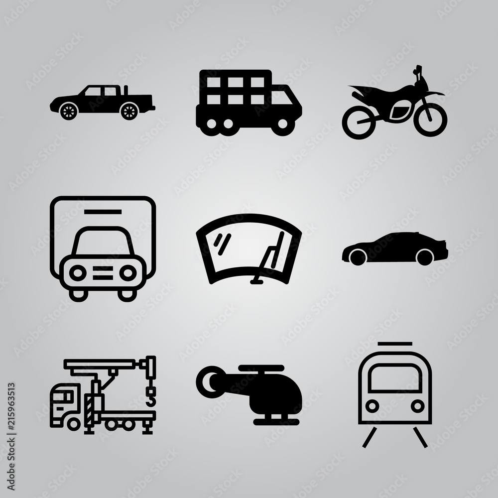 Simple 9 icon set of transport related truck, transportation truck, helicopter and pick up vector icons. Collection Illustration Simple 9 icon set of transport related truck, transportation truck, helicopter and pick up vector icons. Collection Illustration