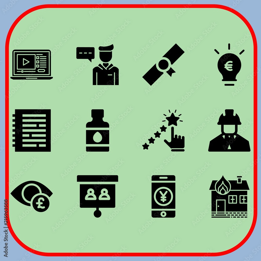 Simple 12 icon set of business related ink bottle, lecture, notebook and eye vector icons. Collection Illustration