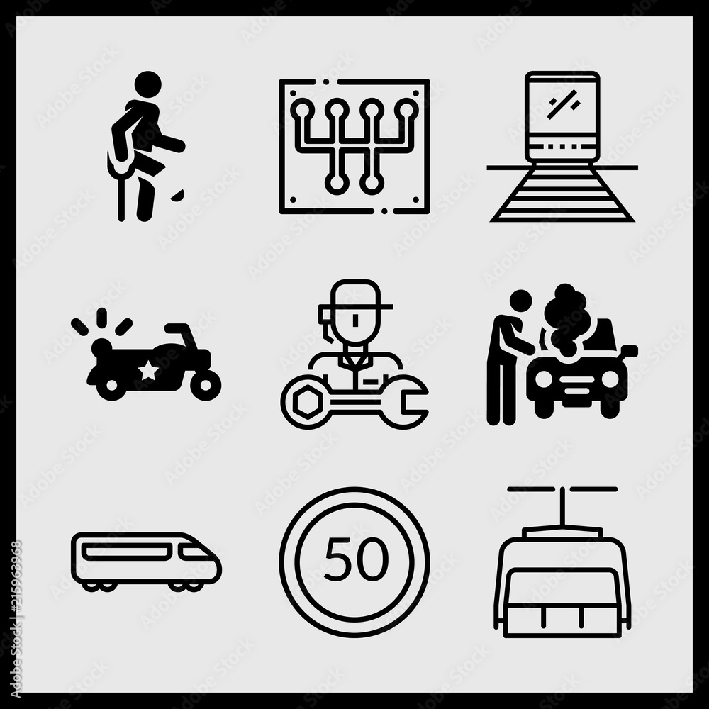 Simple 9 icon set of car related accident, chairlift, speed limit and car breakdown vector icons. Collection Illustration Simple 9 icon set of car related accident, chairlift, speed limit and car breakdown vector icons. Collection Illustration