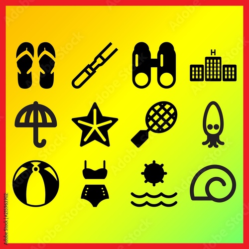Snail shell, binoculars and sun umbrella related icons set
