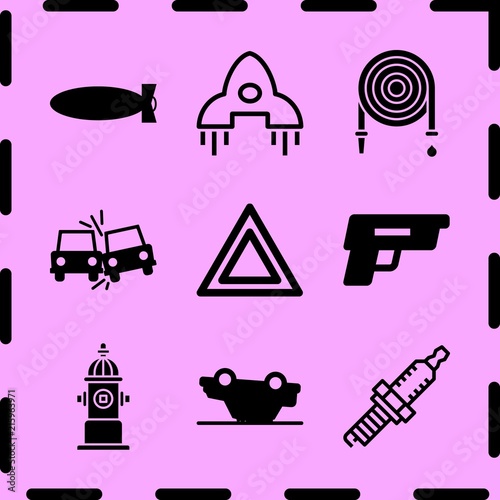 Simple 9 icon set of fire related hose, rocket ship, hazard and side crash vector icons. Collection Illustration