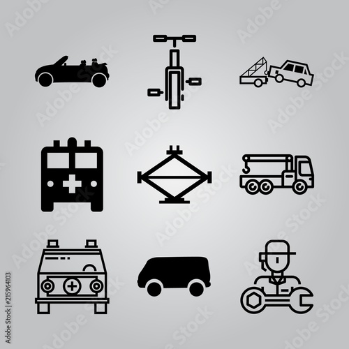 Fototapeta Naklejka Na Ścianę i Meble -  Simple 9 icon set of transport related car crane, ambulance, convertible and van black silhouette from side view vector icons. Collection Illustration