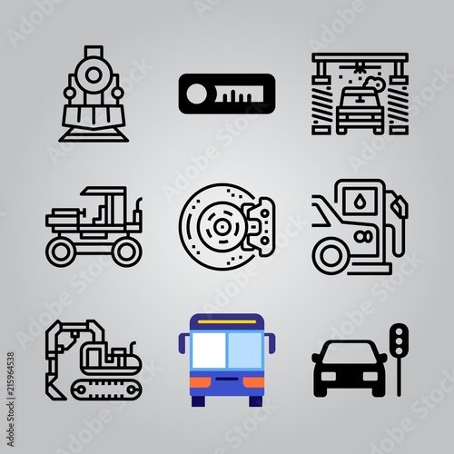 Simple 9 icon set of transport related excavator, bus, excavator and brakes vector icons. Collection Illustration