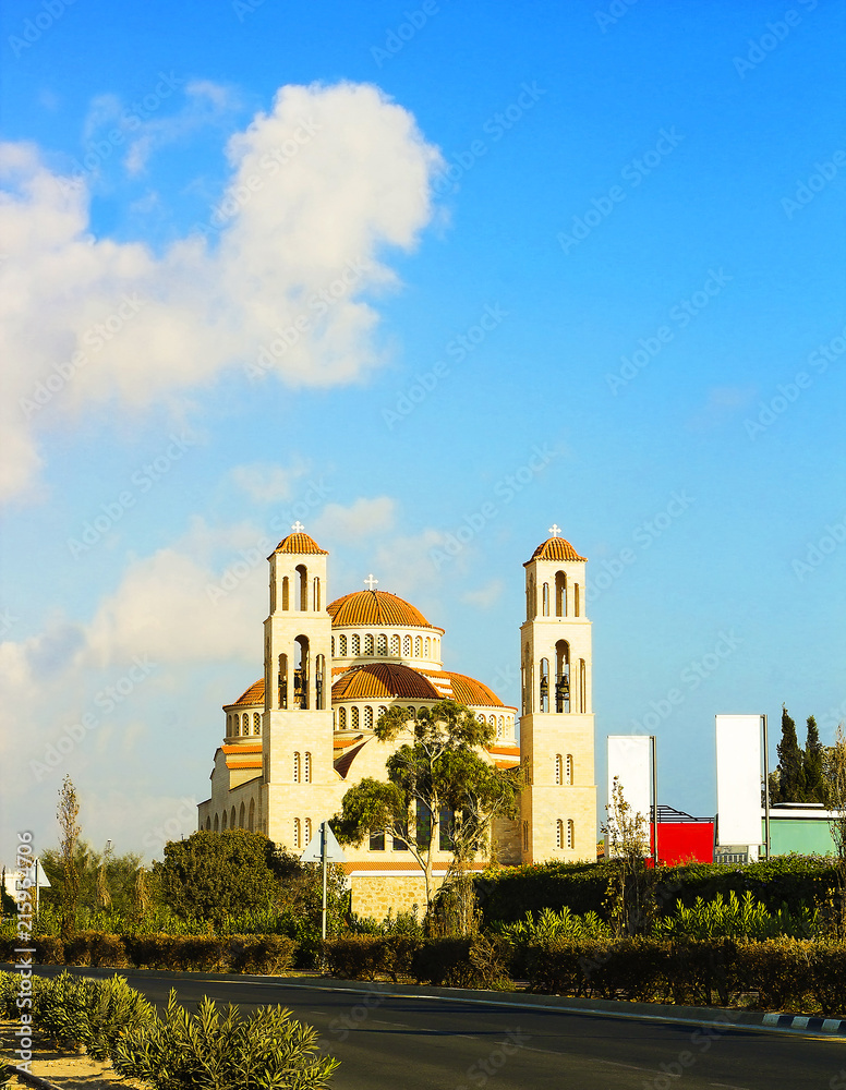 Agioi Anargyroi Orthodox Church in Paphos against blue sky, Cyprus