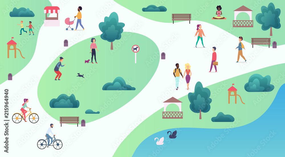 Top map view of various people at park walking and performing leisure outdoor sport activities. City park vector illustration.