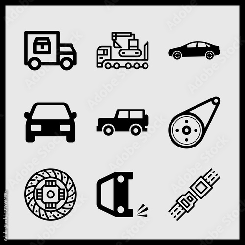Simple 9 icon set of car related overturned car, tipper, car parts and delivery truck vector icons. Collection Illustration