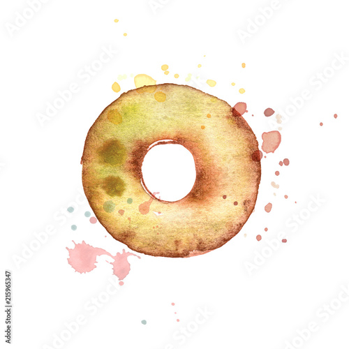 Cute watercolor hand painted illustration with yellow donut isolated on white.