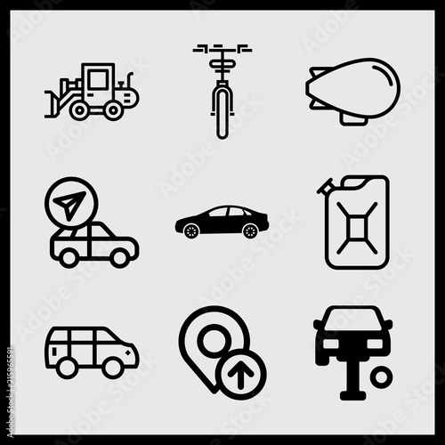 Simple 9 icon set of car related car, vintage zeppelin, car and sedan car model vector icons. Collection Illustration
