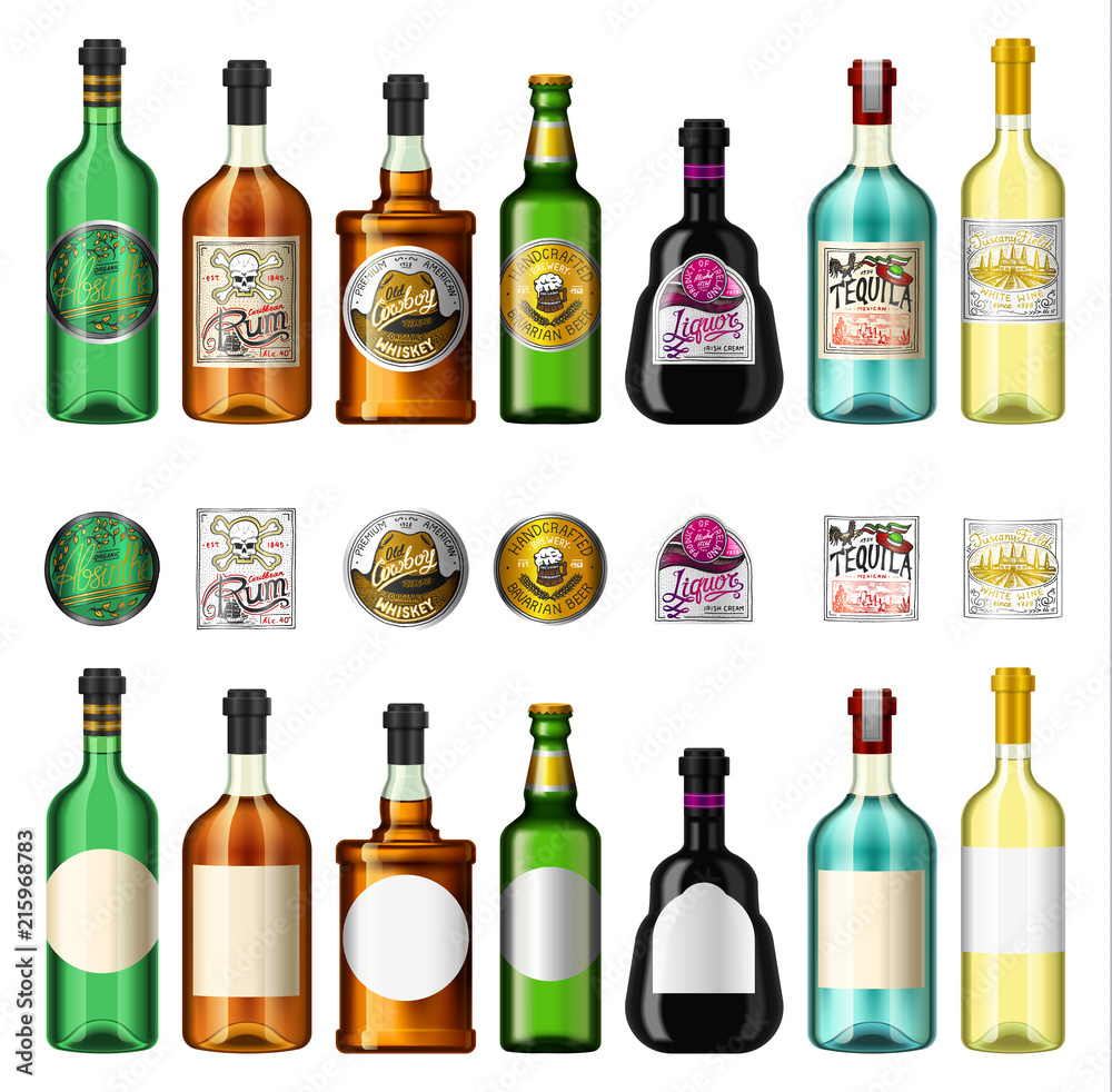 Alcohol drinks in a bottle with different vintage labels. Realistic