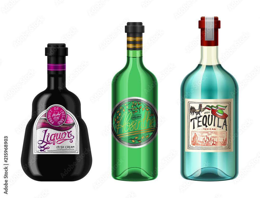 Alcohol drinks in a bottle with different vintage labels. Realistic Absent Liqueur Tequila. Vector illustration for the menu. logo engraved hand drawn.