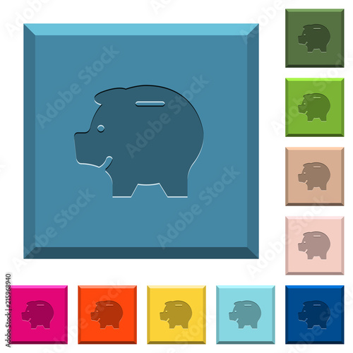 Left facing piggy bank engraved icons on edged square buttons