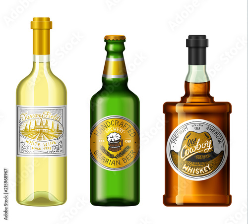 Alcohol drinks in a bottle with different vintage labels. Realistic Wine Whiskey Beer. Vector illustration for the menu. logo engraved hand drawn.