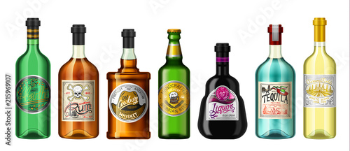 Alcohol drinks in a bottle with different vintage labels. Realistic Absent Liqueur Tequila Wine Whiskey Beer Rum. Vector illustration for the menu. logo engraved hand drawn. photo