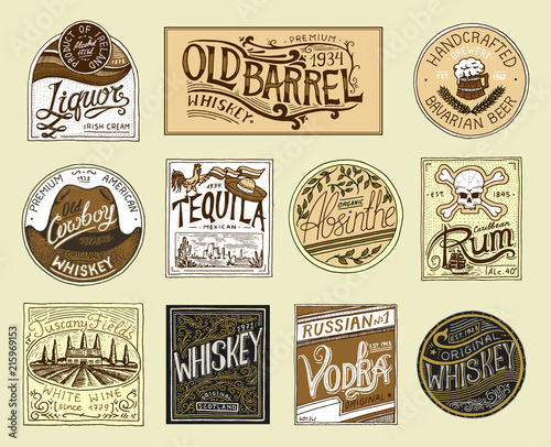Vintage American badge. Absinthe Tequila Vodka Liqueur Rum Wine Strong whiskey Beer. Alcohol Label with calligraphic elements. Frame for poster banner. Hand drawn engraved lettering for t-shirt.