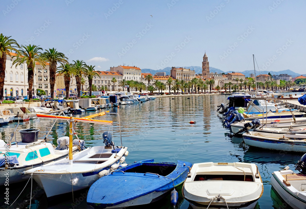 Split in Croatia with the Diocletian palace and the dome from the boat harbor