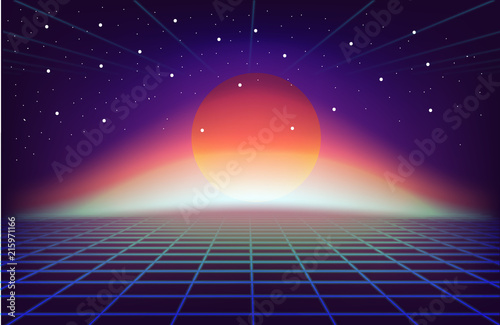 80s Retro Sci-Fi Background with sun. Vector futuristic synth retro wave illustration in 1980s posters style.