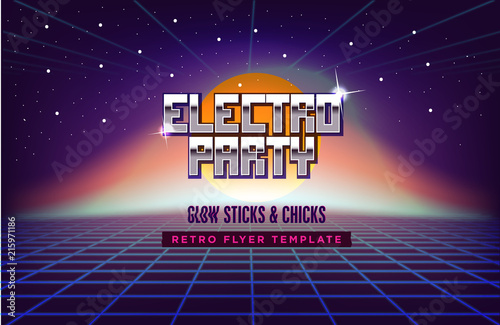 Electro party music poster template. 80s Retro Sci-Fi Background with Sunrise or Sunset. Vector futuristic synth retro wave illustration in 1980s posters style.