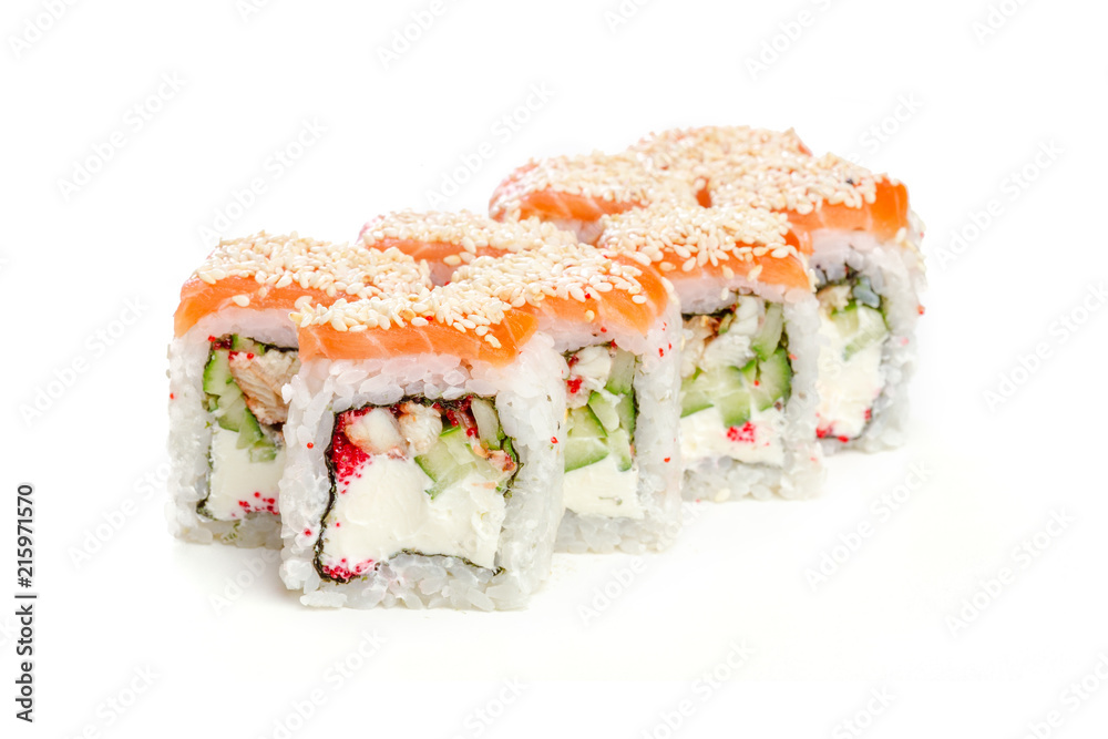 Rolls the delicious sushi on a white background.
