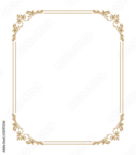 Thin gold beautiful decorative vintage frame for your design. Making menus, certificates, salons and boutiques. Gold frame on a dark background. Space for your text. Vector illustration.