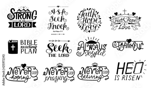 Set of 12 Hand lettering christian quotes Be strong in the Lord. Ask,seek,knock. Faith,hope,love. Bible reading plan. Thankful. He is risen.