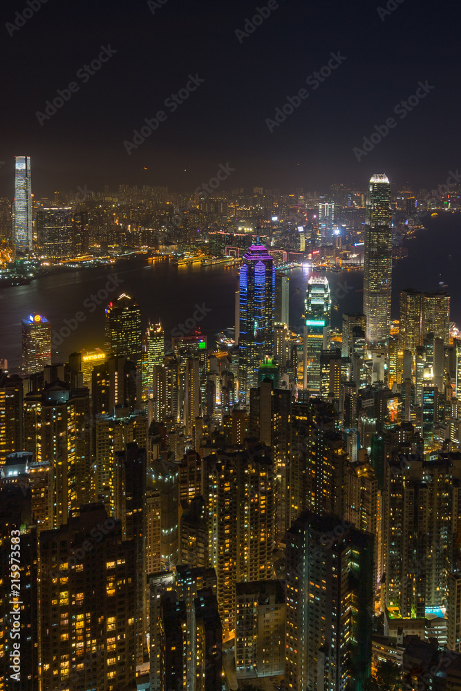 Close up of Hong Kong skyscrapers at night