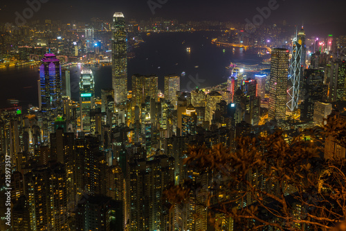 Hong Kong and Victoria Harbour at night viewed from Lugard Road, one of the best spot near Victoria Peak to enjoy the view of the city