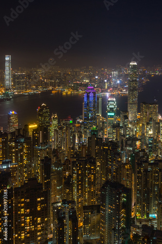 Close up of Hong Kong skyscrapers at night