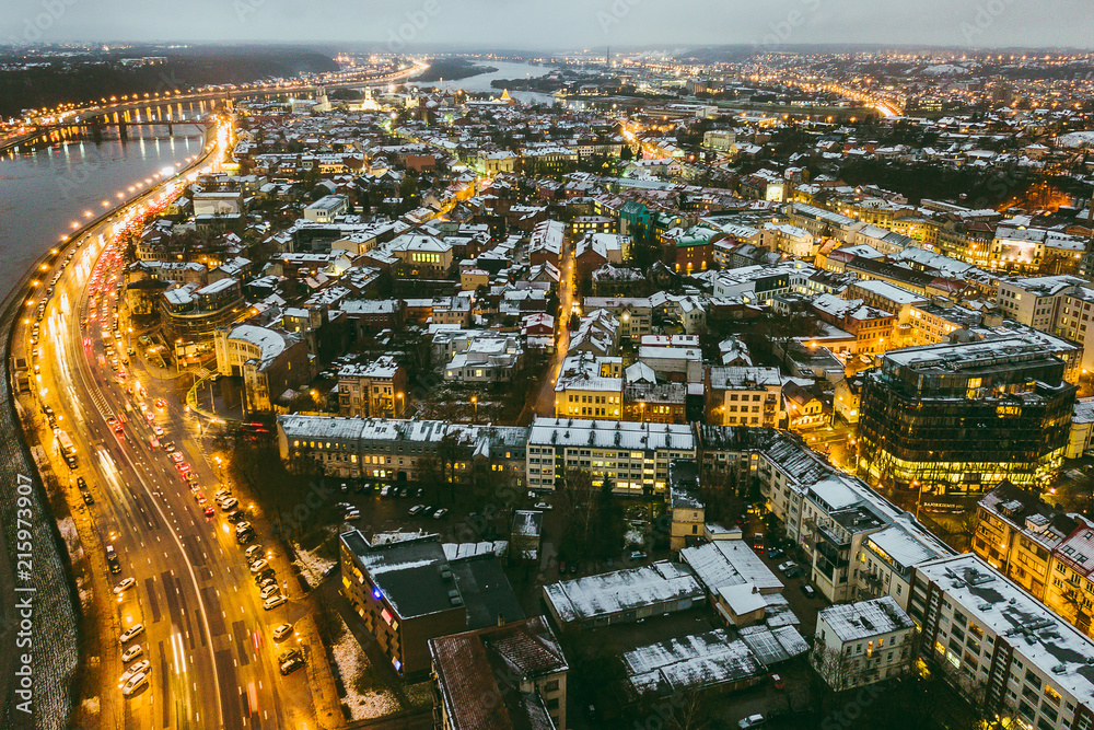Fototapeta premium Drone aerial view of Kaunas city at night