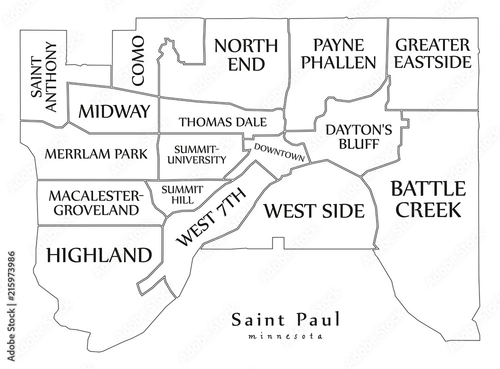 Modern City Map - Saint Paul Minnesota city of the USA with neighborhoods and titles outline map