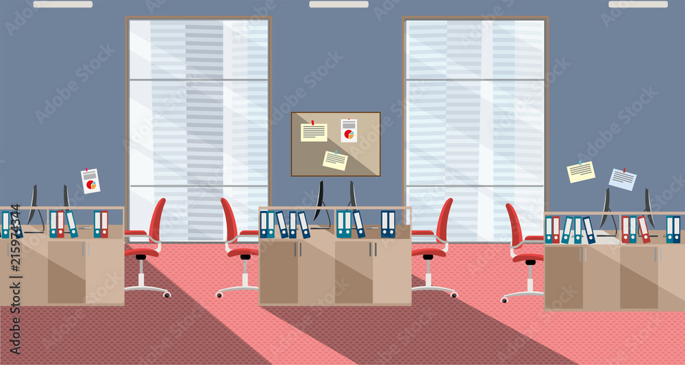Naklejka premium flat illustration of modern office interior with large windows in skyscraper with furniture and computers in red and gray colors. Open space for 6 people. Order on tables, folders, scraps on walls