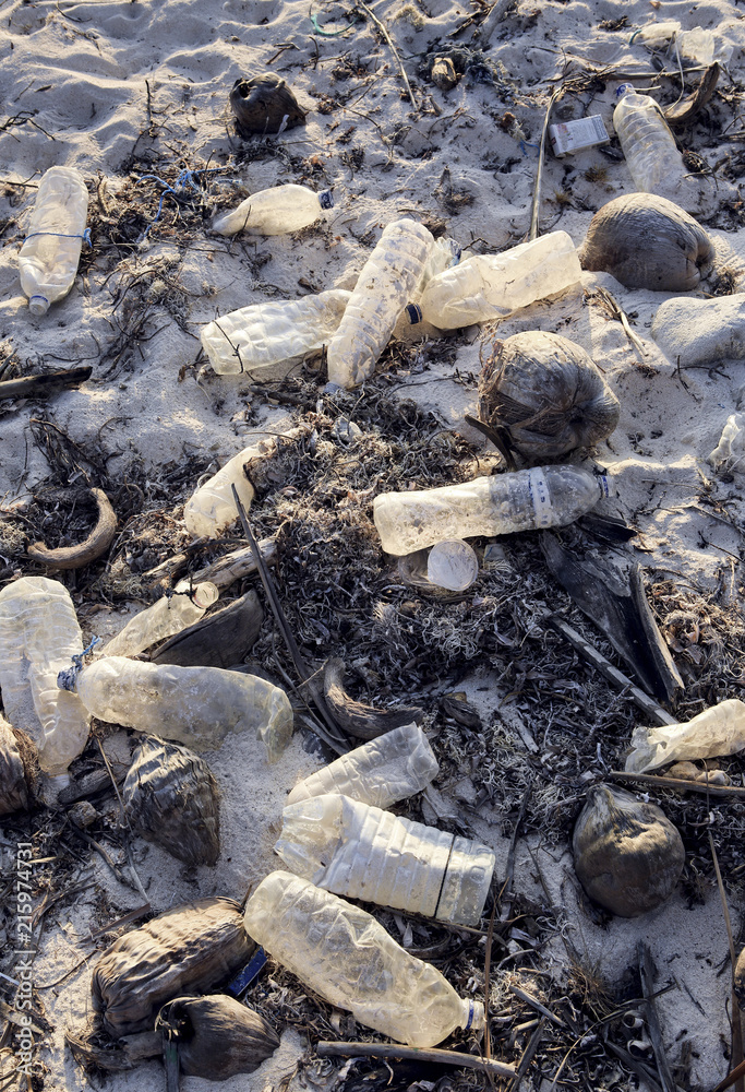 Empty single used plastic bottle polluting beach Empty single used plastic bottle polluting beach