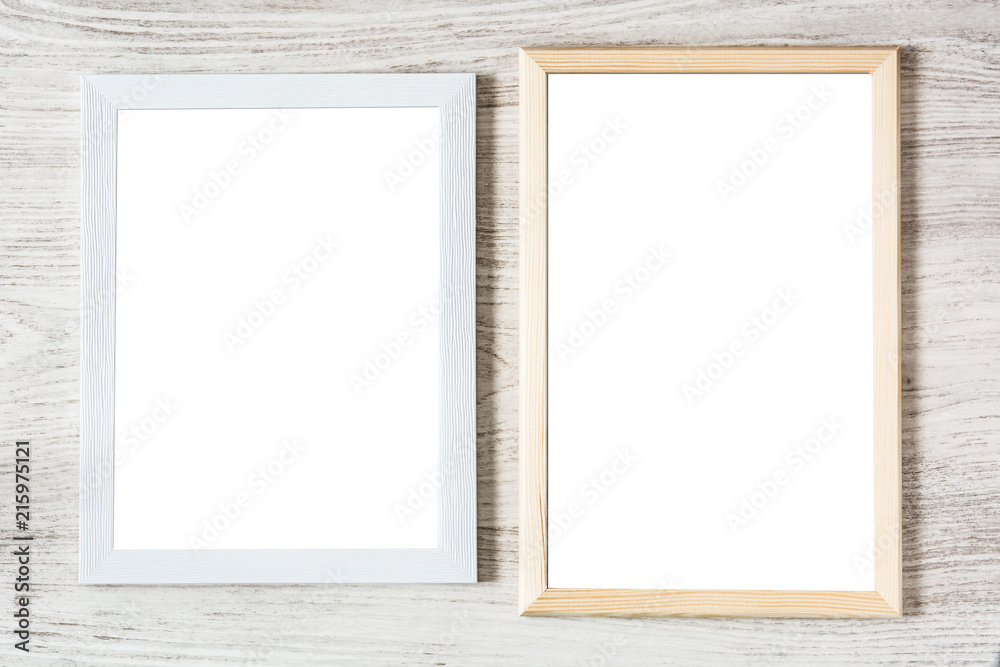 Frame mockup on white wooden table. Top view Frame mockup on white wooden table. Top view